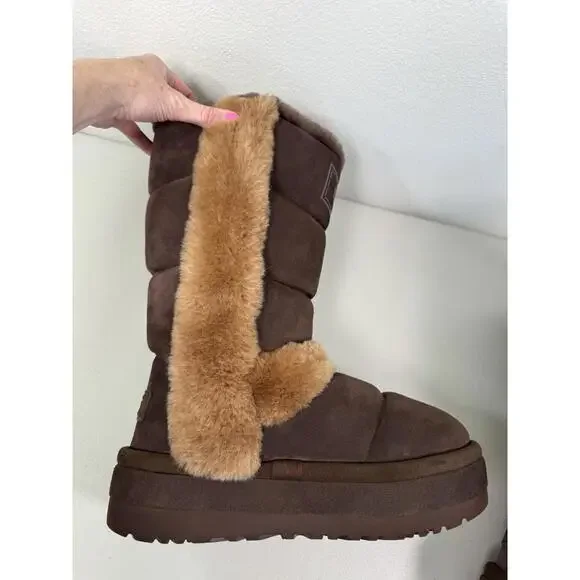 RARE! NWOB UGG Chillapeak Tall Shearling Wool Platform Boots Suede US 10 Brown - Picture 4 of 8